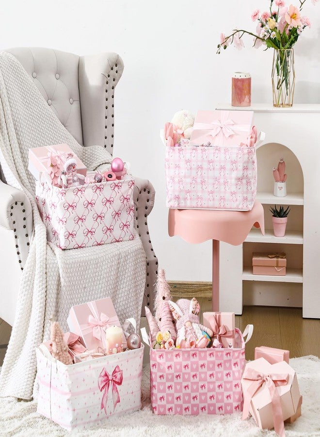 Bulyoou 4 Pcs Pink Bow Storage Basket for Gifts Collapsible Girls Coqutte Pink Storage Bins with Handle Cute Preppy Foldable Laundry Organizer for Home Bathroom Bedrooms Baby Clothes Toys Books - Image 5